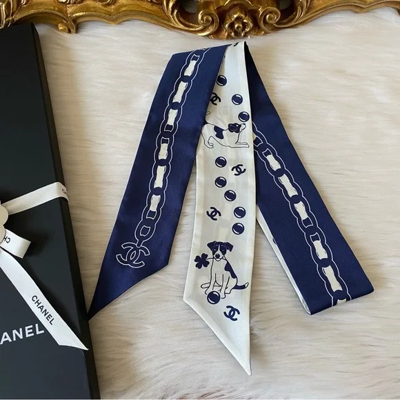 CHANEL 23P Playful Puppies Bandeau Silk Slim Twill Scarf